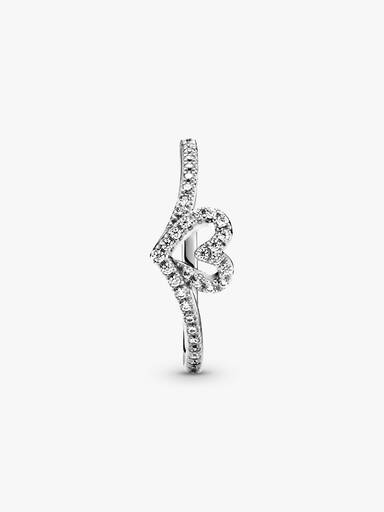 Heart and wishbone sterling silver ring with clear cubic zirconia