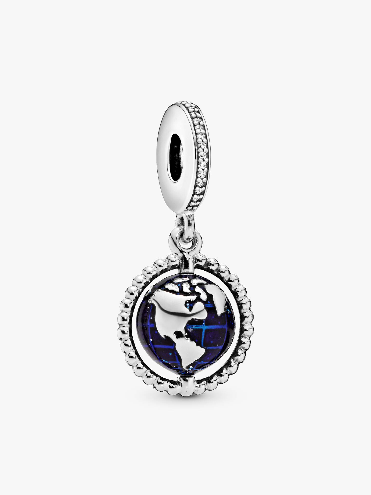 Globe silver dangle with clear cubic zirconia and blue enamel