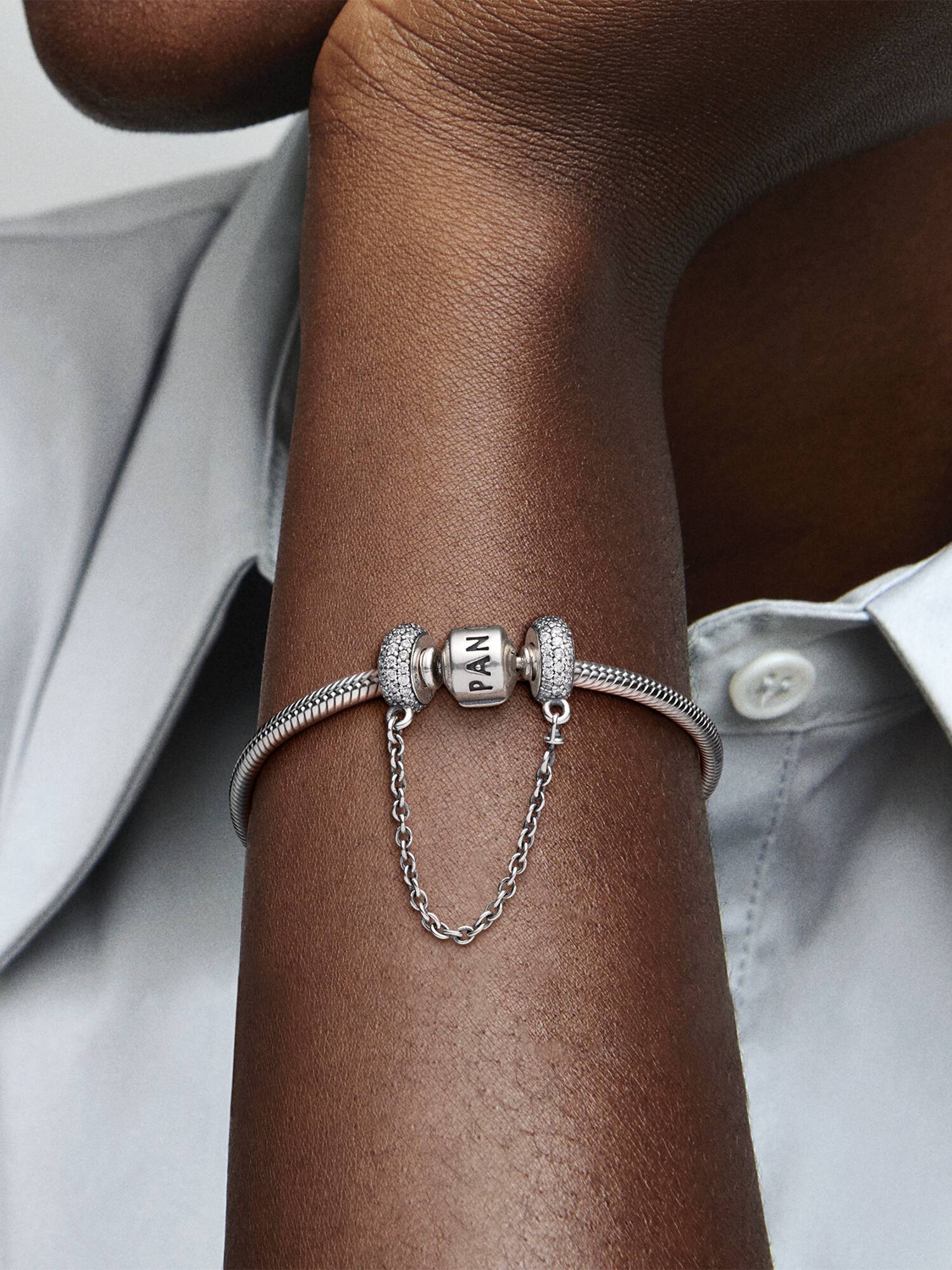 Silver safety chain with clear cubic zirconia