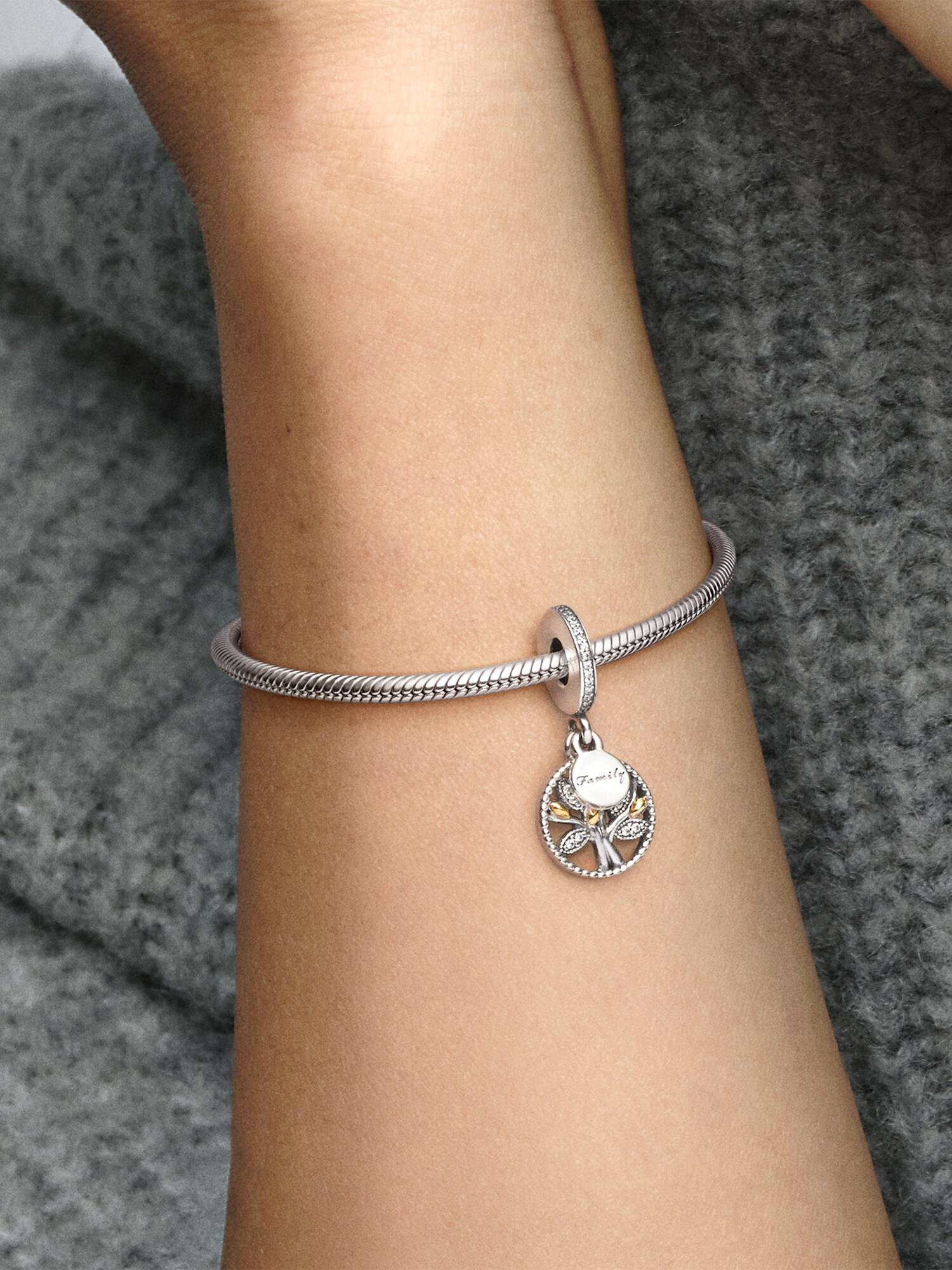 Family tree silver dangle with 14k and clear cubic zirconia