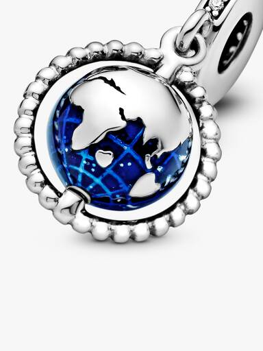 Globe silver dangle with clear cubic zirconia and blue enamel