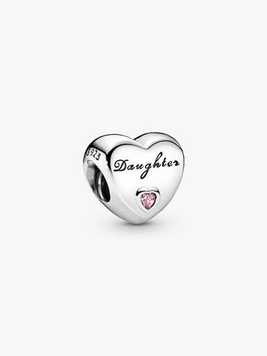 Daughter heart silver charm with pink cubic zirconia