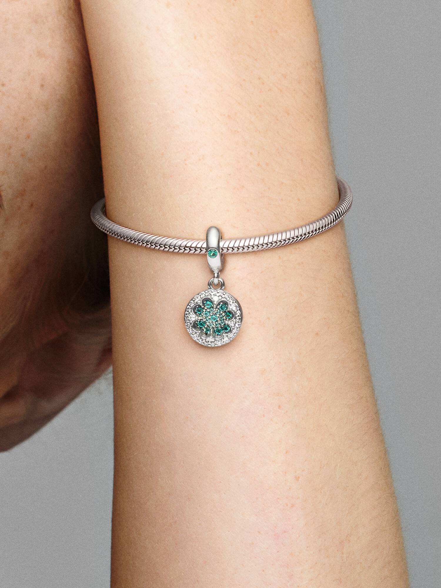 Clover silver dangle with royal green, aqua green crystal and clear cubic zirconia
