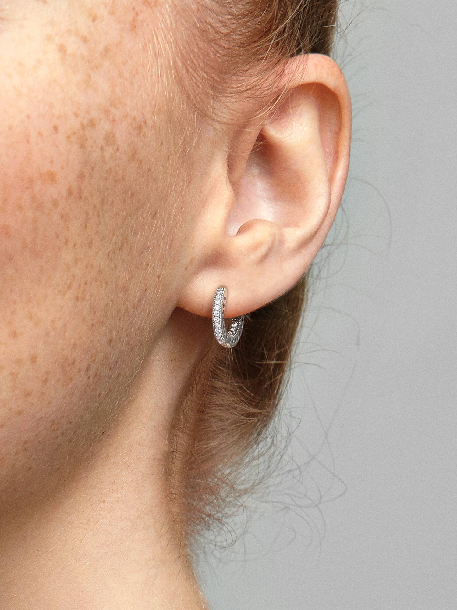 Hoop silver earrings with clear cubic zirconia, 15 mm
