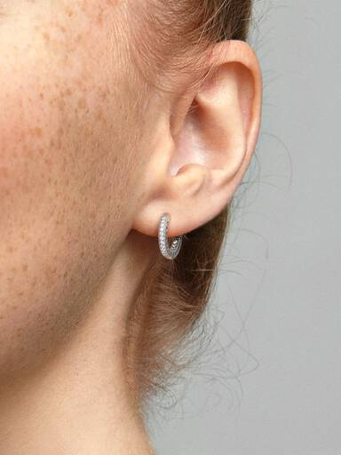 Hoop silver earrings with clear cubic zirconia, 15 mm