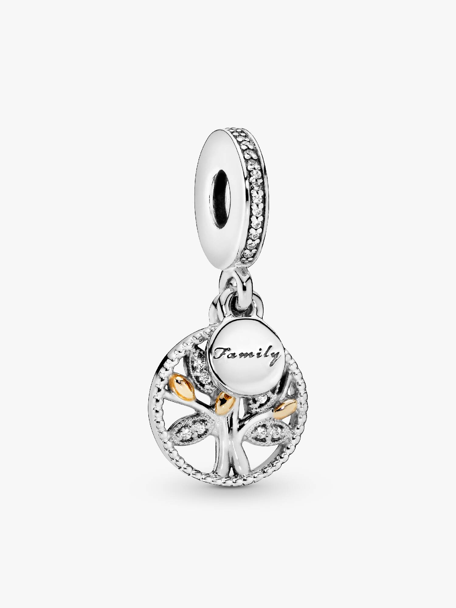 Family tree silver dangle with 14k and clear cubic zirconia
