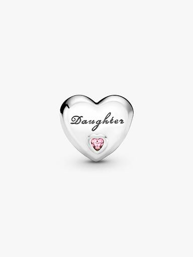 Daughter heart silver charm with pink cubic zirconia
