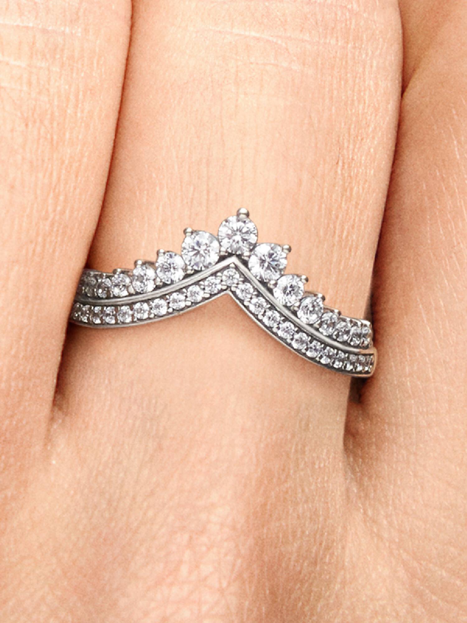 Tiara wishbone silver ring with clear cubic zirconia