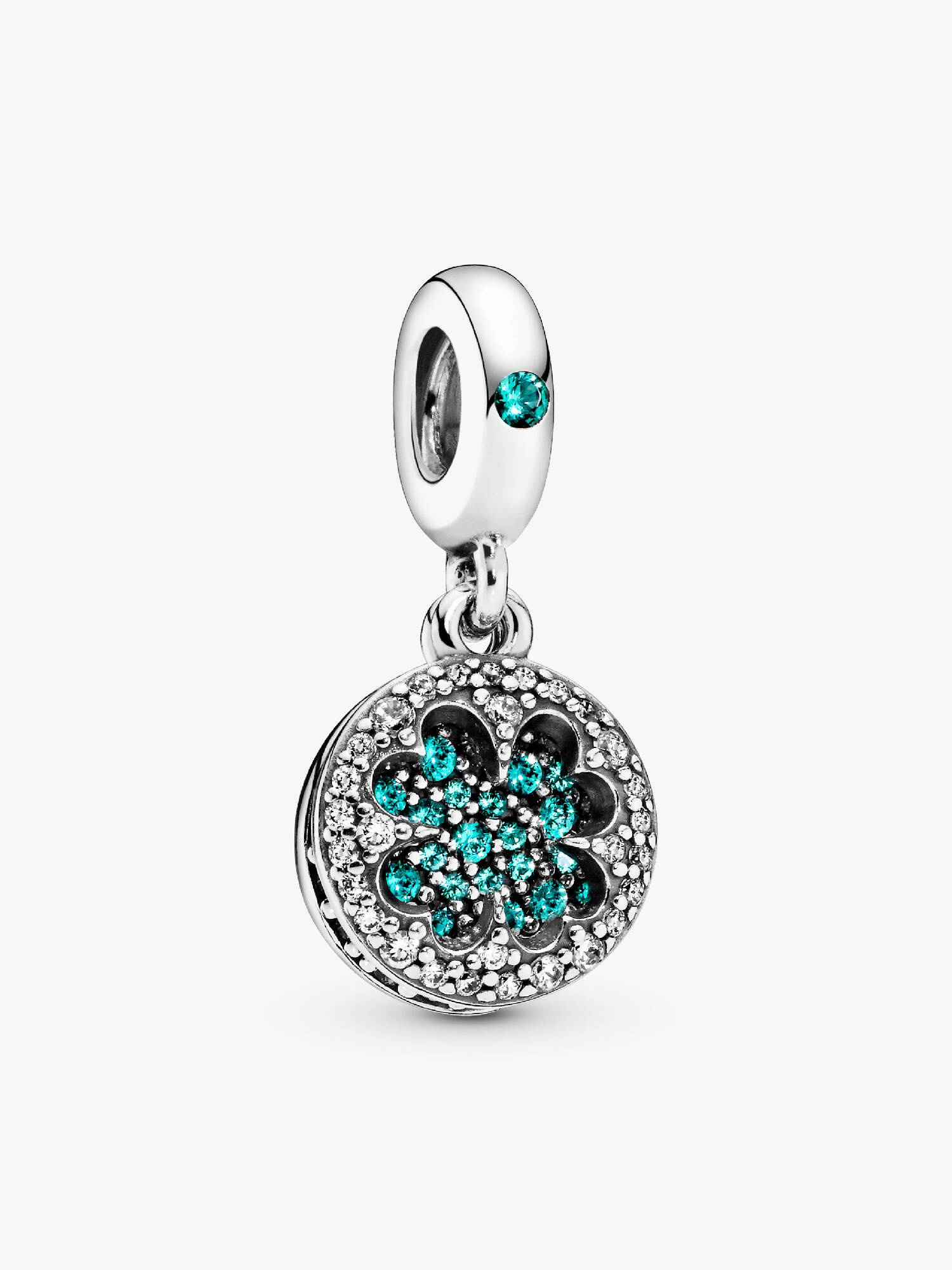 Clover silver dangle with royal green, aqua green crystal and clear cubic zirconia