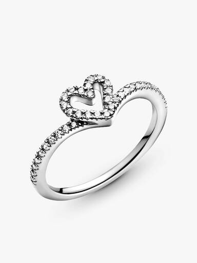 Heart and wishbone sterling silver ring with clear cubic zirconia
