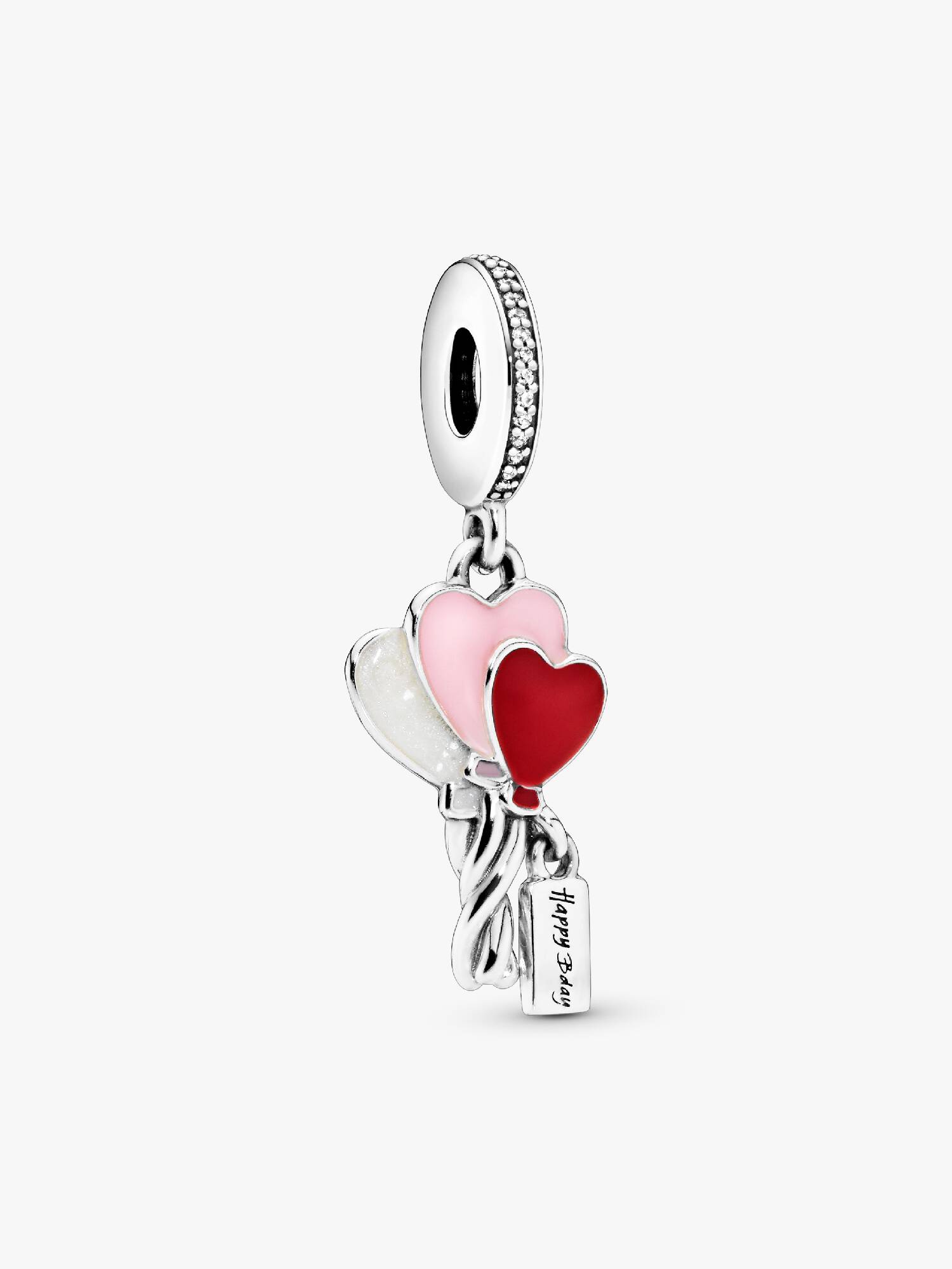 Balloons silver dangle with clear cubic zirconia, shimmering silver, pink and red enamel