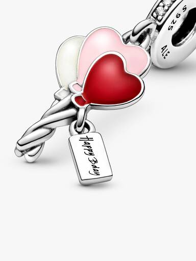 Balloons silver dangle with clear cubic zirconia, shimmering silver, pink and red enamel